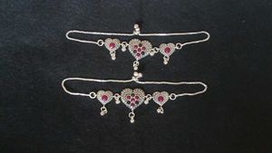 Silver Anklets with Red Stone Heart Charms