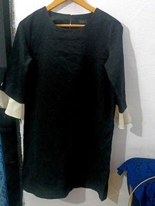 Elegant Black Korean Dress with Bell Sleeves