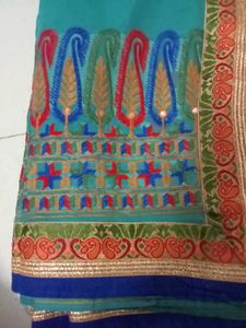 Crepe Cyan Colour Saree