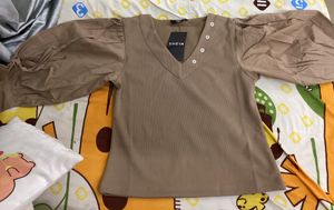 Shein puff sleeve Ribbed top -brown