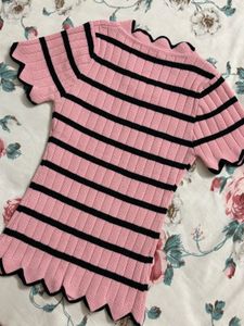 Pink Striped Scallop Top