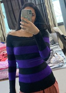 Purple &amp; Black Striped Off-Shoulder Top
