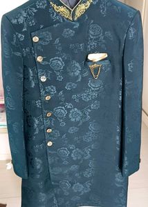 Dark Teal Floral Embossed Sherwani