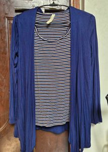 Blue Cardigan & Striped Top Set