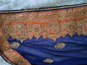 Navy Blue &amp; Orange Embroidered Saree