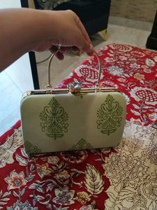 Green Printed Hand Clutch With Sling