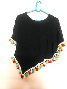 Unique Black One Sleeve Top With Pom Pom