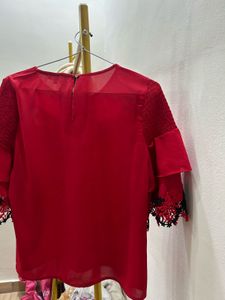 Red Ruffle Sleeve Top with Floral Lace