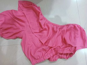 Pink One Shoulder Ruffles Crepe Crop Top