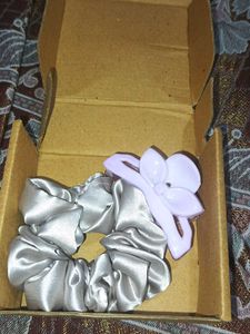 Silver Satin Scrunchie with Flower Clip