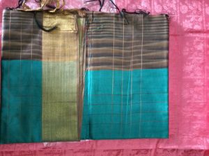 Handwoven Silk Plaid Fabric Saree -SeaGreen