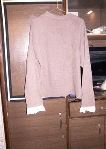 Mauve Ribbed Knit Top with Lace Cuff Detail