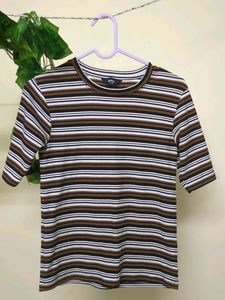 Brown And White Ribbed Top