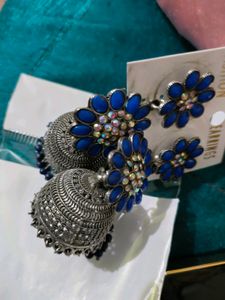 Women Fashion Earrings Blue Stones Oxidised Silver