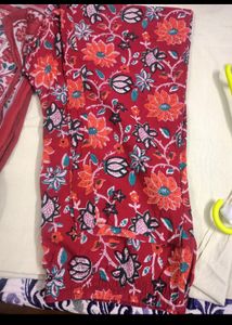 Red Printed Kurta With Trouser &amp; Dupatta