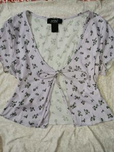 Lilac Floral Ribbed Tie-front Crop Top