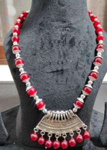 Tibetan silver &amp; red Pendant Necklace &amp; Earrings J