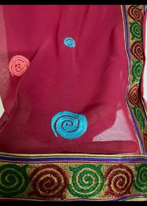 Maroon Saree with Colorful Embroidered Details