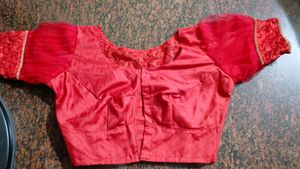 Red Netted Work Blouse With Net Puff Sleeves.