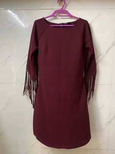 Chic Maroon Fringe Sleeve Dress – Size XL