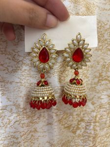 Pearl Beaded Red Jhumki