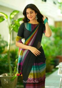 Rainbow Black Khadi Cotton Saree
