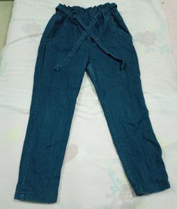 Denim Pants With Attached Belt