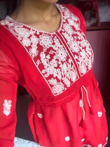 Red Embroidered Kurta
