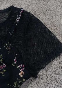 Floral Print Crop Top with Mesh Trim