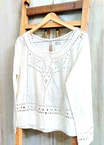 White Cutout Long Sleeve Top size-40