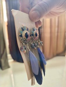 Designer Blue Feathered Ear Rings