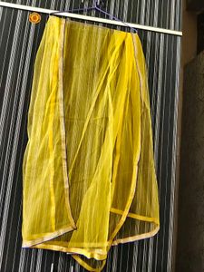 Yellow Net Dupatta with Gold Blue Border