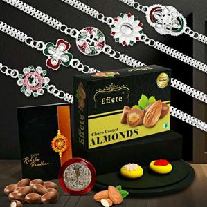 Designer 5 Rakhiya, Chawal & Roli, Chocolate, Coin