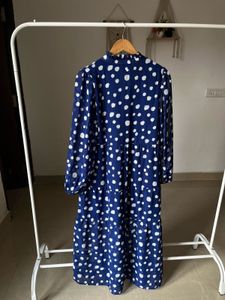Tie Neck Tiered Blue polka DOT Midi dress