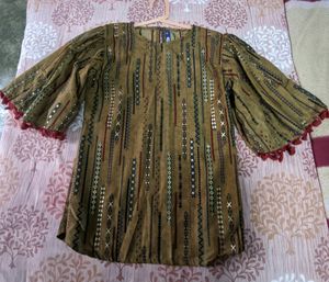 Woven Pattern Top with Flared Sleeves