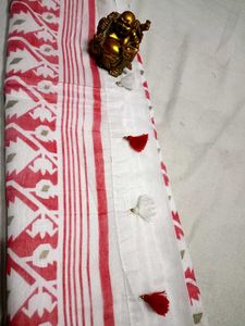 Red &amp; White Cotton Jamdani Saree
