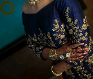 Navy Off-Shoulder Gown with Zardosi Work- Silk