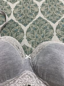 Gray Lace Trim Padded Bra, Bust- 36 B