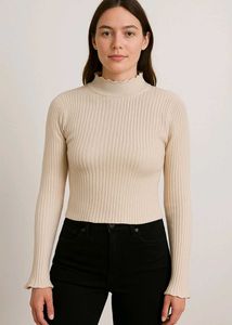 Beige Ribbed Knit Full Sleeve Sweater - Scalloped