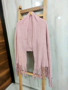 Pink Knit Stole with Fringe Full Size
