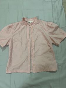 Pink Ruffle Collar Button-Up Top