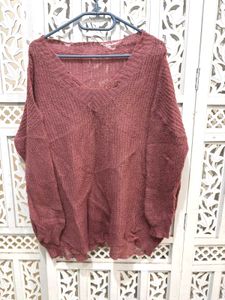 Chic Burgundy V-Neck Knit Pullover  A