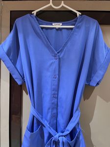 Blue V neck Front Knot Dress