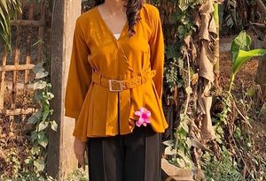 Stylish Mustard Wrap Top