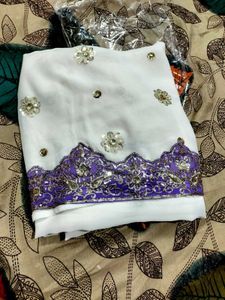 Elegant White &amp; Lilac Embroidered Saree