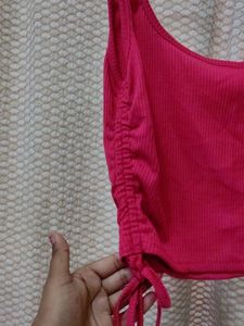 Ribbed Hot Pink Tank Top With Ruched Sides