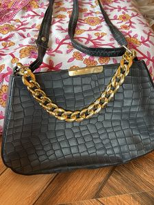 Black Faux Croc Shoulder Bag with Gold Chain