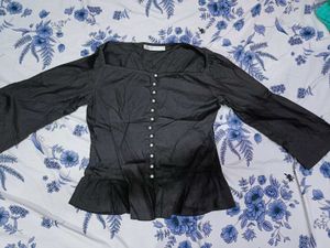 Black Peplum Top with Button Detail