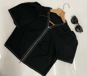 Black Zip-Front Puff Sleeve Top