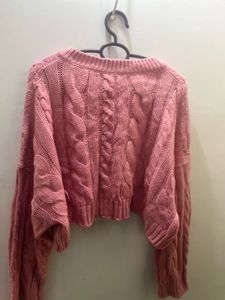Cute Pink Cropped Cable Knit Sweater